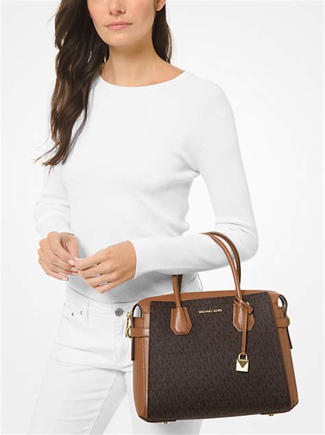 michael kors mercer medium leather belted satchel|More.